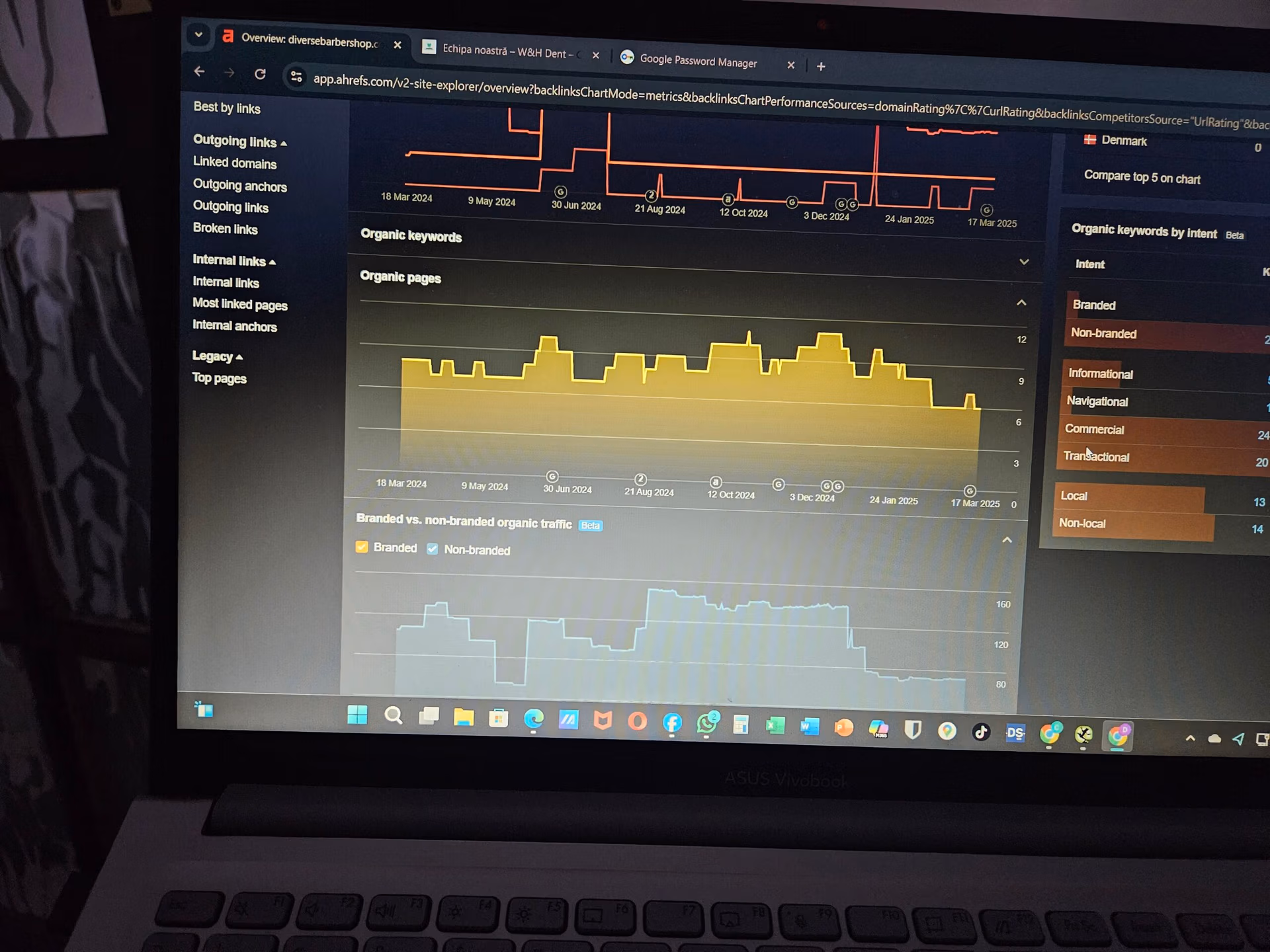 Digital performance dashboard displaying line and bar charts for network activity,organic impressions,and engagement metrics-a comprehensive interface for tracking online analytics.