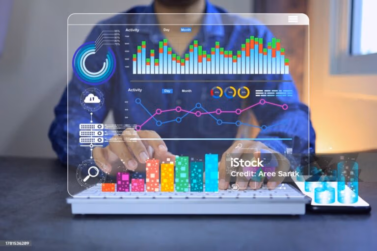 User engaging with a futurist transparent dashboard displaying interactive analytics,including activity-based by charts,line graphs,and circular progress indicators segmented by day and month