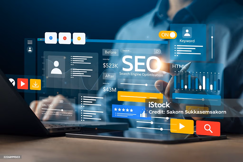 Digital SEO graphic showing search bar,magnifying glass, performance charts,and analytics percentage(53%-92%)-representing website optimization and online visibility.