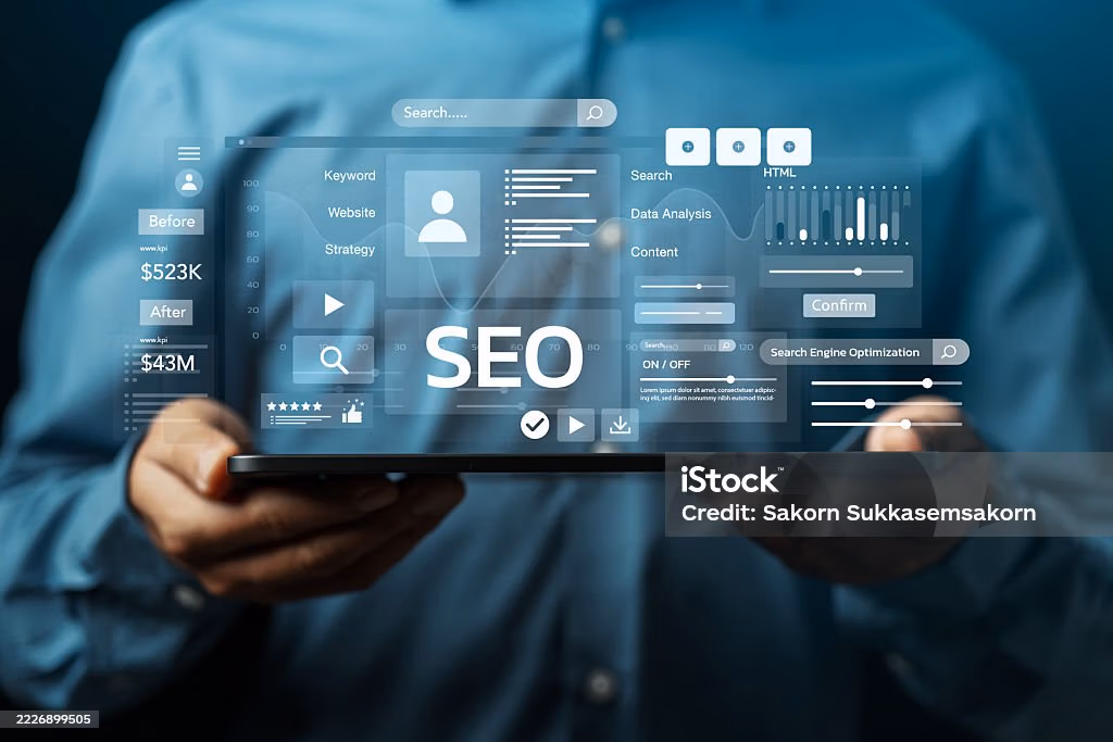 Person interacting with digital SEO interface featuring charts, analytics icons, and illuminated search optimization elements-representing modern website performance and strategy